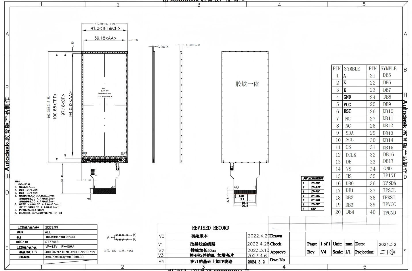 3.99-inch TFT display with a resolution of 400*960 5